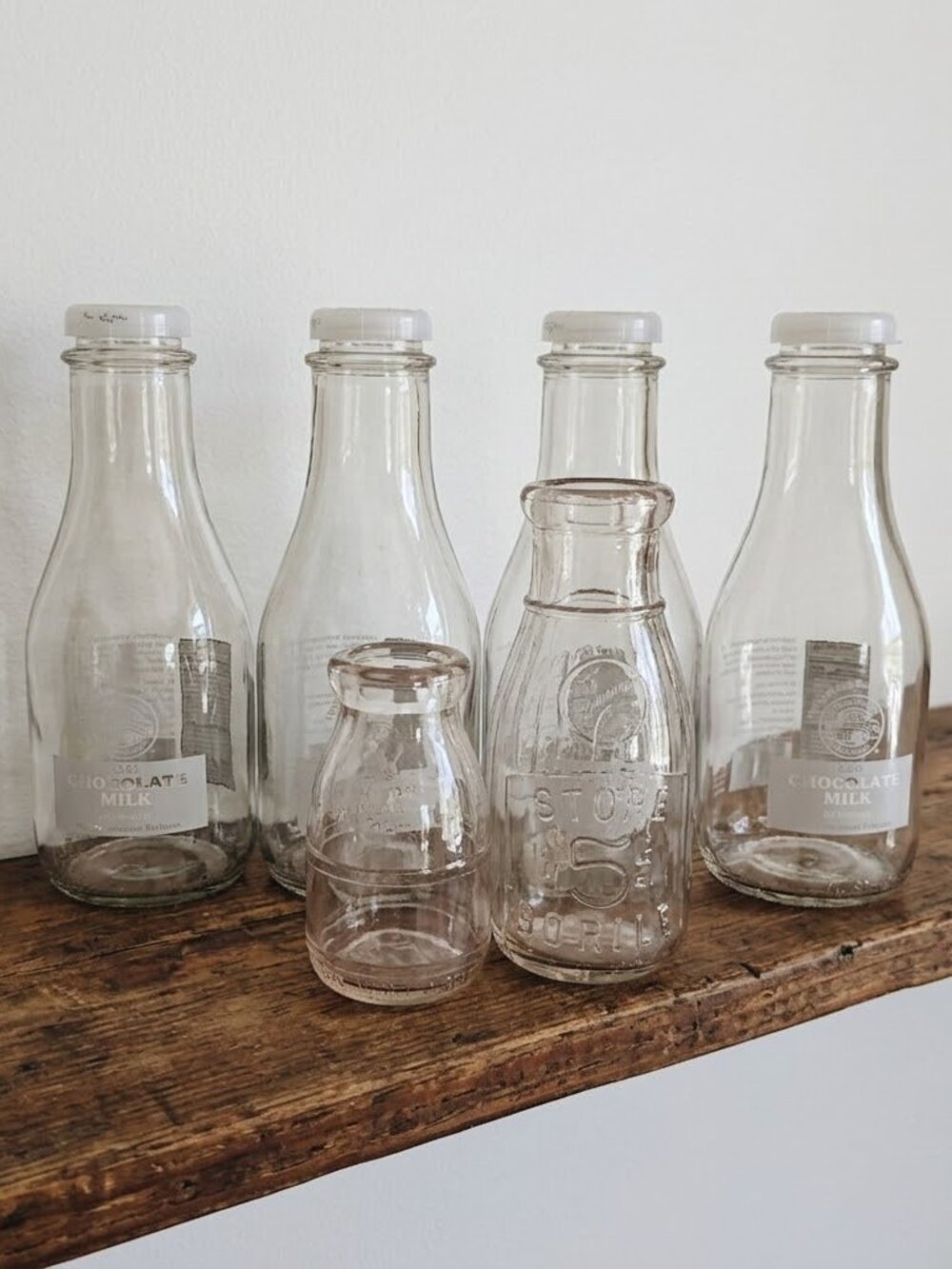 Clear Glass Milk Bottles Lot of 6 Embossed Store Bottle Farmhouse Country Decor